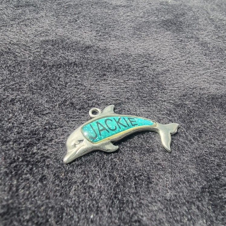 Vintage Dolphin Name Pendant "JACKIE" Blue Glitter Enamel Souvenir Charm