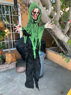 Halloween Battery Operated Black & Green Lighted Hooded Skull