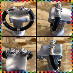 925 Sterling Silver Double Head Panther Onyx Italian Bangle