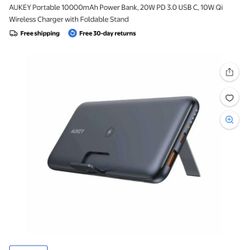 AUKEY Portable 10000mAh Power Bank, 20W PD 3.0 USB C, 10W Qi Wireless Charger with Foldable Stand