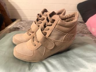 Beige Wedge Sneakers High-Top Lace-Up