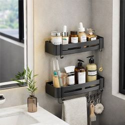 Set of 2 Black Shower Caddy Wall-Mounted Shelf Organizers with Hooks No Drill/Bathroom  - New
