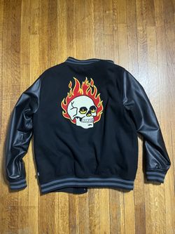 Vans Stevens Varsity Letterman Bomber Jacket Flaming Skull Mens size Large
