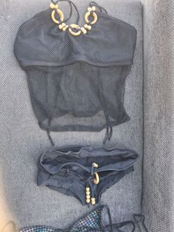 Black Mesh Bikini Set with Wood Bead Detail