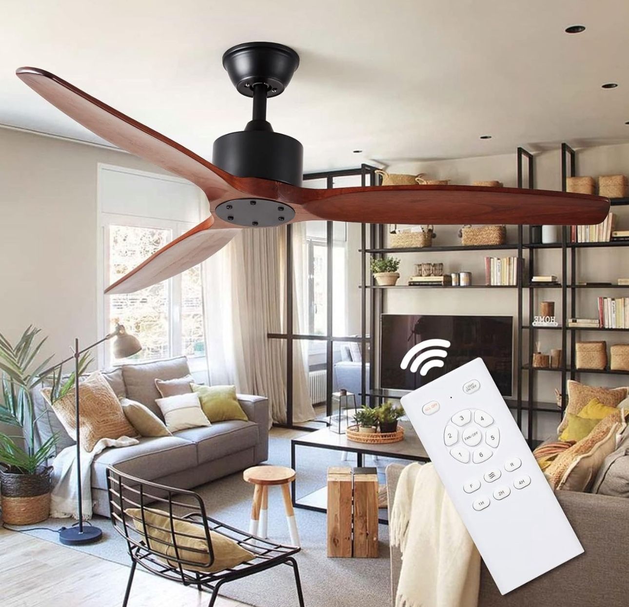 52'' Wood Ceiling Fan No Light Indoor/Outdoor with Remote Noiseless Reversible DC Motor 3 Blade Walnut Fan for Farmhouse Patio Living Room Bedroom