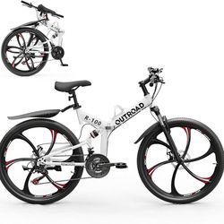 Outroad 26 Inch Folding Mountain Bike, 21 Speed Full Suspension High-Carbon Steel MTB Foldable Bicycle