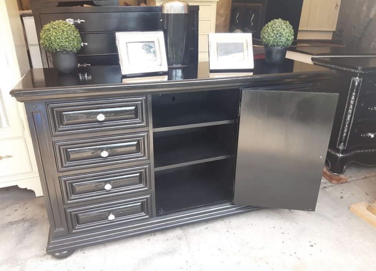 Oversized Wooden Dresser With Oversized Mirror Colors Black And Silver Has Been Refurbished!🌺