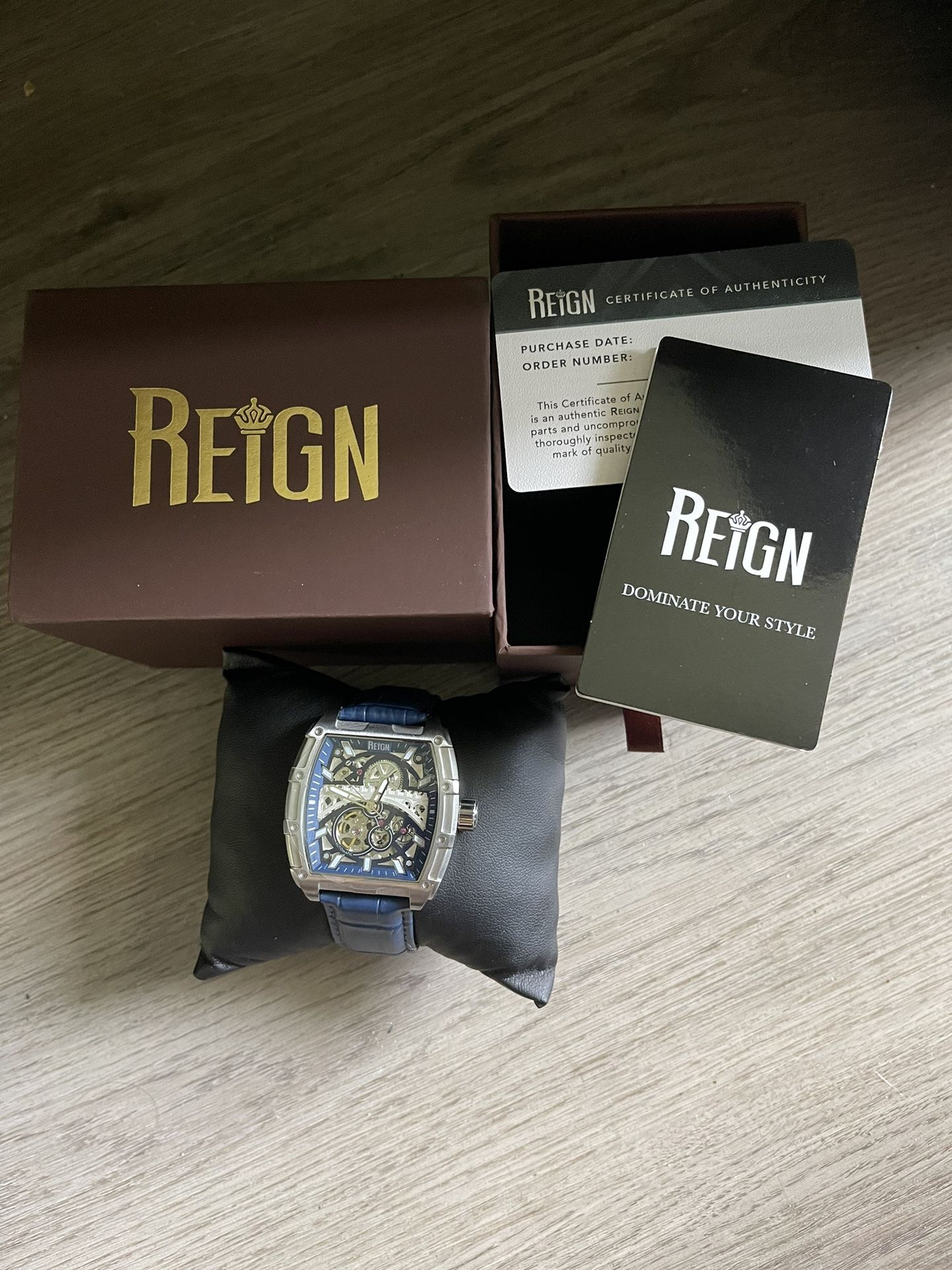 Reign Olympia Automatic Semi-Skeleton Leather-Band Watch 