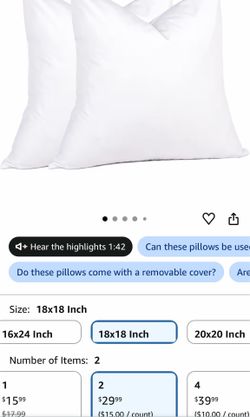 18 x 18 Decorative Feather Down Throw Pillow Inserts (Set of 2, White) for Sofa, Couch, Bed, Machine Washable