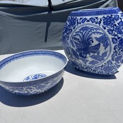 Vintage Bombay Chinoiserie Porcelain Large Vase & Bowl