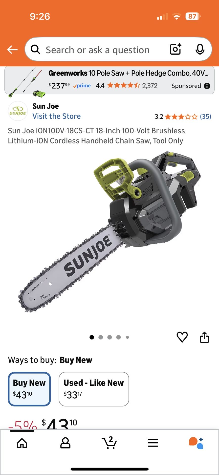 Sun Joe iON10OV-18CS-CT 18-Inch 100-Volt Brushless Lithium-iON Cordless Handheld Chain Saw, Tool Only