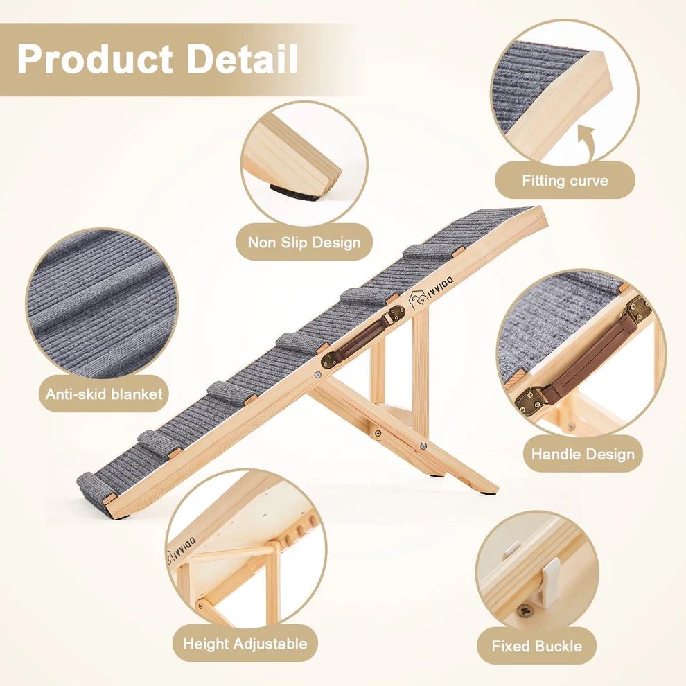 New Portable 43" Stairs & Ramp for Pets Wooden Adjustable Dog Ramp 43.5'' Long and 5 Heights 250 lb Capacity Non-Slip Foldable with Leather Carry Hand