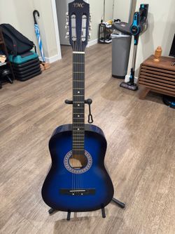 YMC 38" Blue Acoustic Guitar + Stand + Picks - Like New