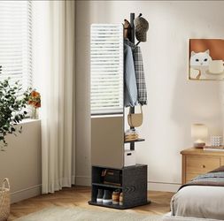 Full Length Stand Mirror with Coat Rack, Storage Shelves, 360° Rotating