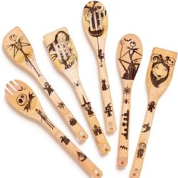 6-Piece Wooden Spoons For Cooking & Serving - Nightmare Before Christmas Kitchen Cooking Utensils Set - Gothic Kitchen Cook Set 