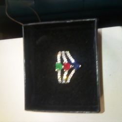 Simulant Emerald, Sapphire, Ruby Heart & Diamond Ring.