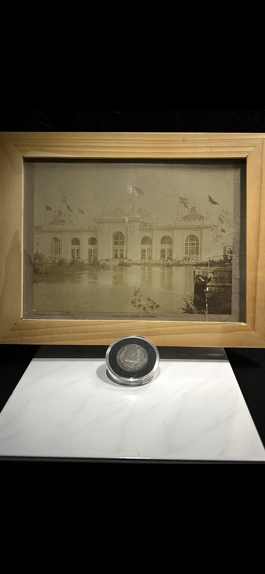 Two 132 Year-Old Souvenirs, 1893 Coin And Photo of The Mine And Mining Building. 1893 World Colombian Exposition In Chicago.