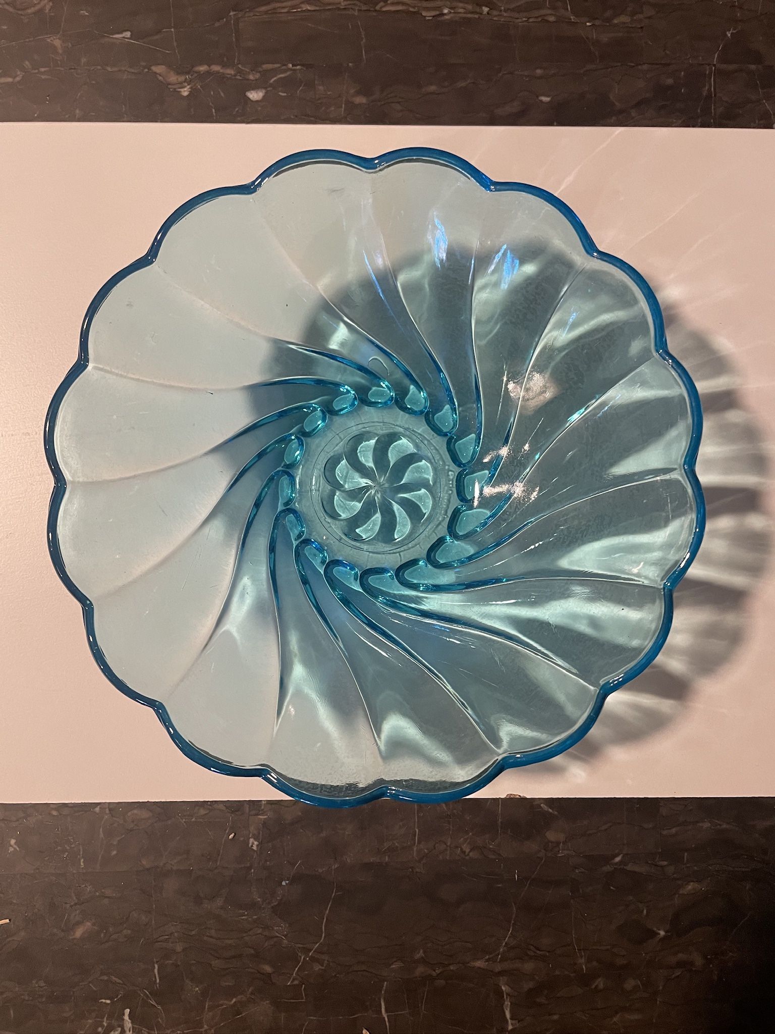 Vintage Blue Turquoise Glass Swirl Hazel Atlas Capri Seashell 9” Bowl