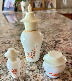 Vintage Collectible Avon 1970s New "Imperial Garden" white milk glass  with cherry blossom floral designs & gold trim