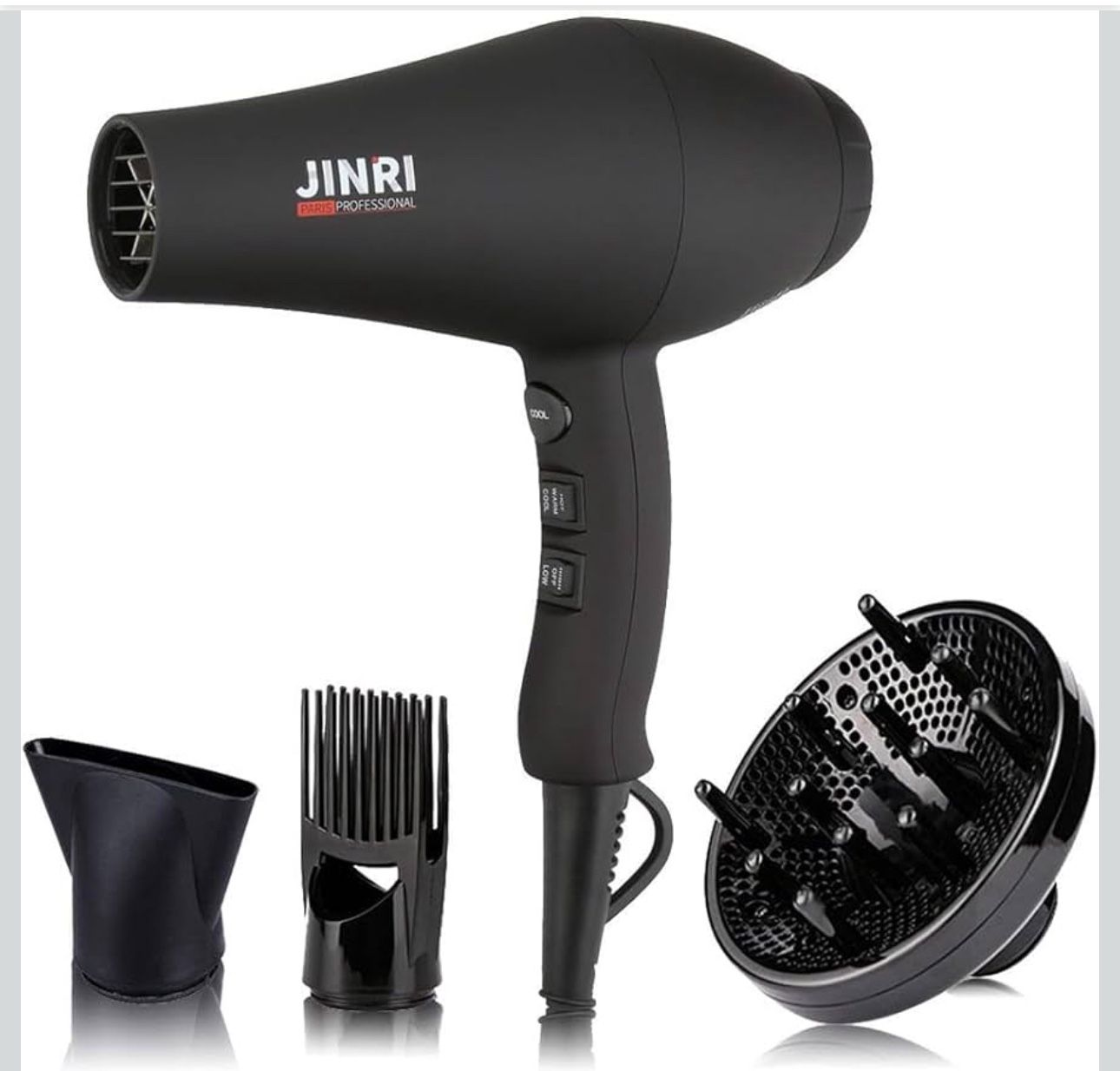 New-JINRI Hair Dryer, 1875W, 3 Heat & 2 Speed, with Diffuser, with Concentrator, Detachable Air Intake, Ionic Technology & Infrared - Black, Hanging S