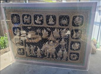 Huge Vintage Burmese Kalaga Tapestry 64x46 Shwe Chi Doe Elephant Embroidery