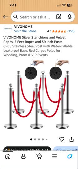 Silver Stanchions with Red Velvet Ropes 6-Pack