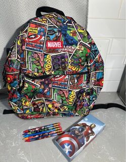 Marvel back pack, marvel pencils and container