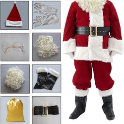 11 Pieces Complete Santa Suit includes: Red plush Santa zipper coat, Pants with Pockets, Signature Santa Hat, Belt with Buckle, Boot Tops with matchin