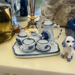 Vintage Miniature Blue And White Tea Set