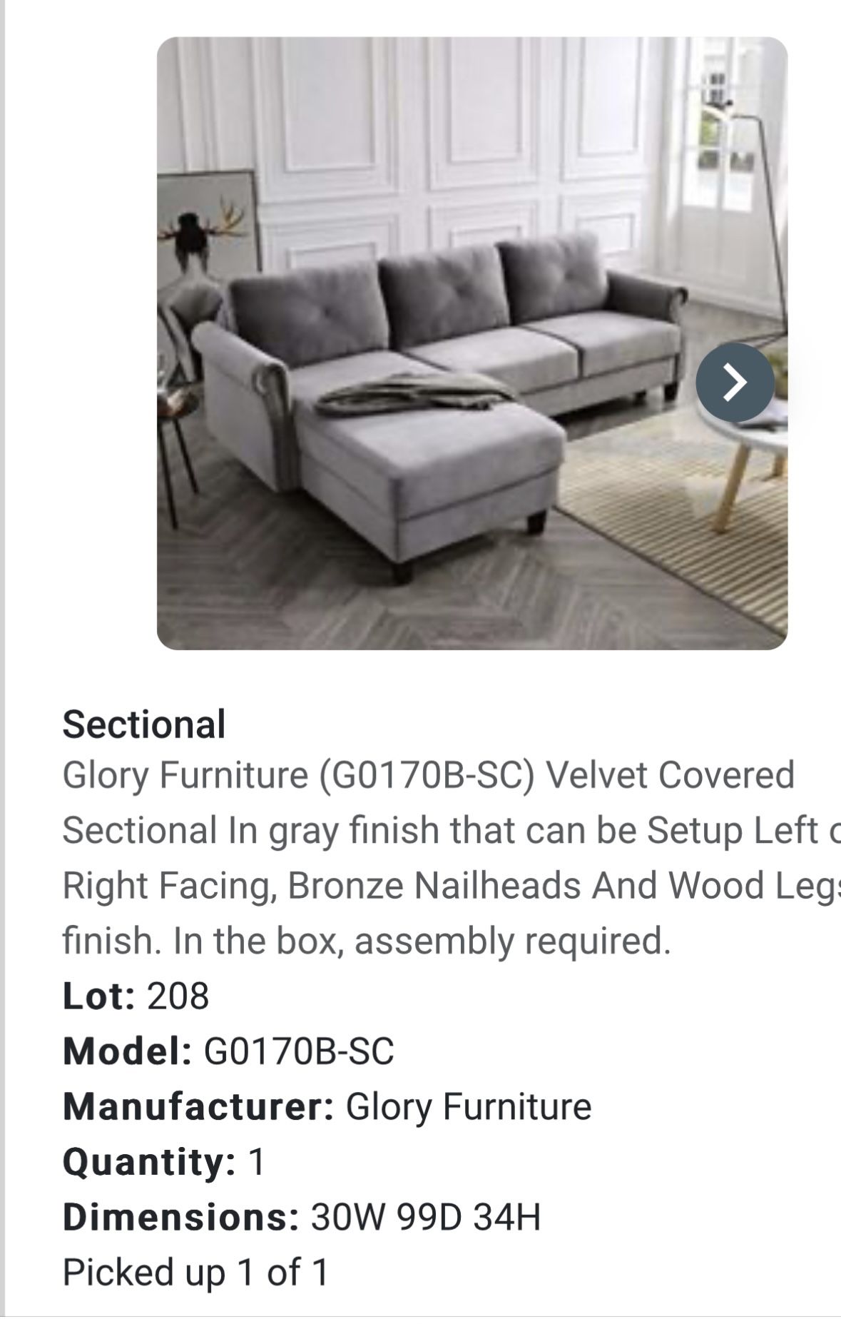 Grey Velvet L sectional sofa - Right or Left - New , In Box