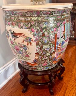 Large Chinese Porcelain Fish Bowl Vase Planter with Wood Stand