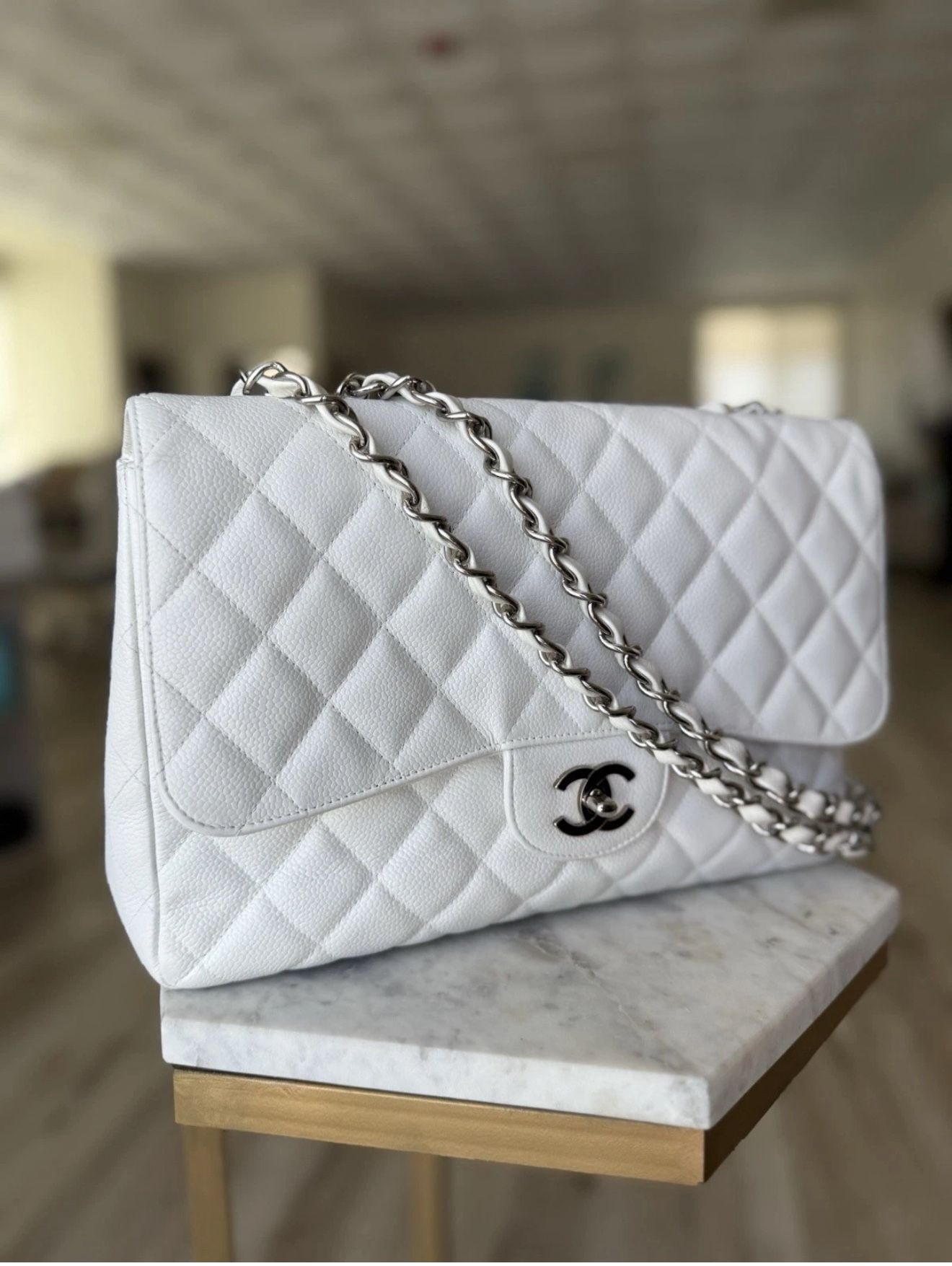 Auth Chanel Classic Bag Flap Shoulder White Handbag Silver