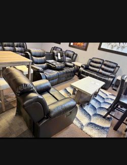 NEW BLACK RECLINING, THREE-PIECE SOFA, LOVESEAT, AND RECLINER, INCLUDING FREE DELIVERY ORDER HERE PAY UPON ARRIVAL