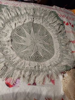 Vintage White Colored ruffled Crochet Doily. $10.00, Biege Colored Ruffled Crochet Doily, $10.00 Vintage Japanese Silk table runner (New) $10.00,