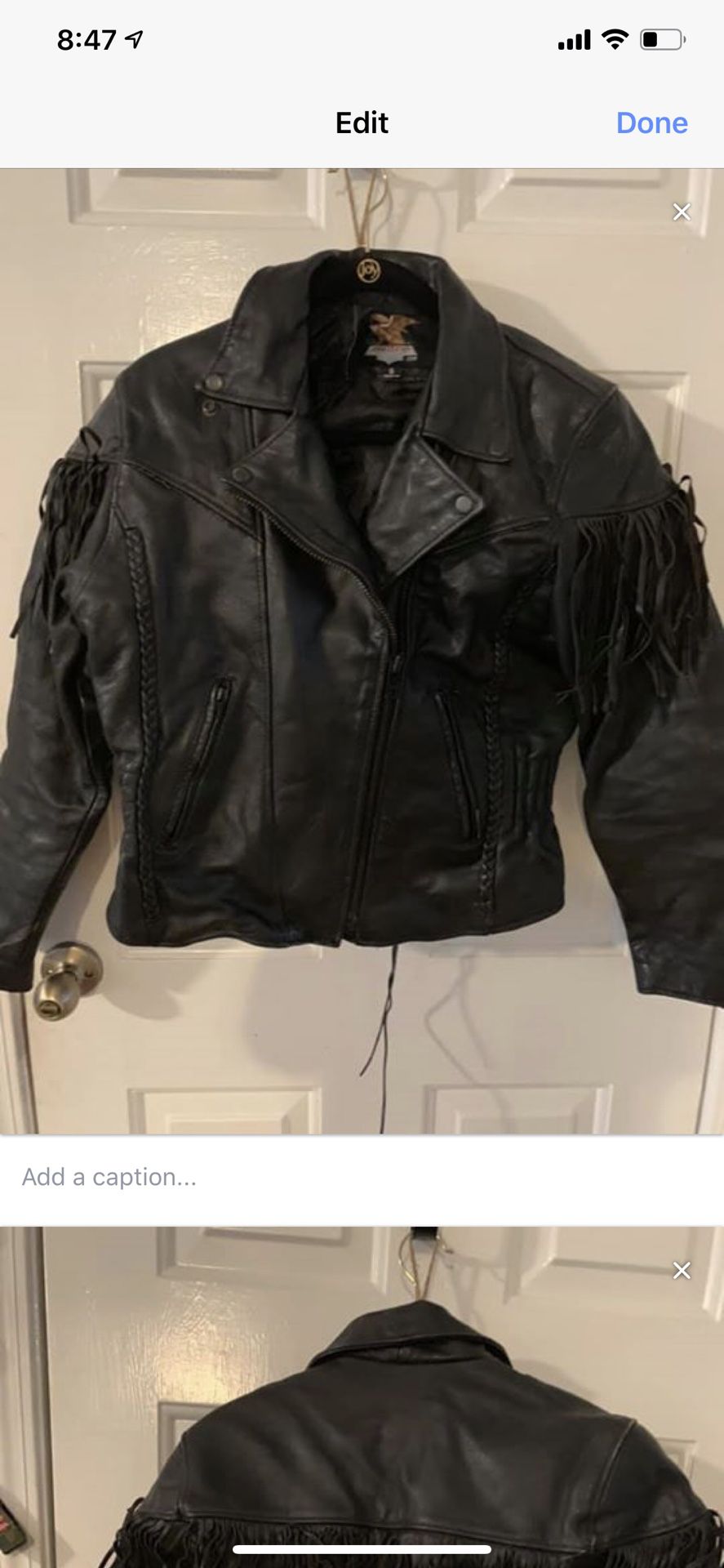 Women’s leather motorcycle jacket and chaps