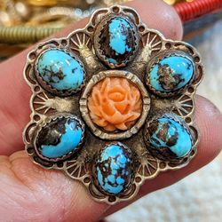 Bisbee Turquoise And Pink Coral, Sterling Silver Old Pawn/Navajo Ring