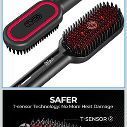 TYMO Hair Straightener Brush - Upgraded Ionic Plus Straightening Brush with Dense Bristles, 16 Temps, Dual Voltage | Ceramic Hot Comb for Women | Flat