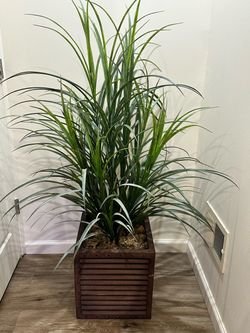 Realistic looking 54" Faux Potted Ornamental Grass in Rustic Bronze Slatted Planter