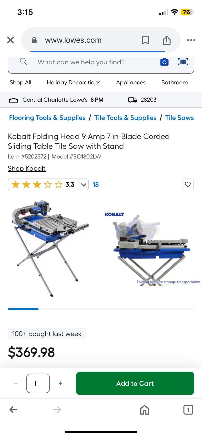 KOBALT 7in folding sliding table tile saw NEW
