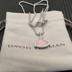 Women's David Yurman silver heart pink opal necklace.