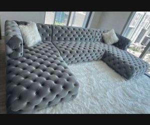 Sectional Sofa Grey Velvet 140x70 Tufted NEW