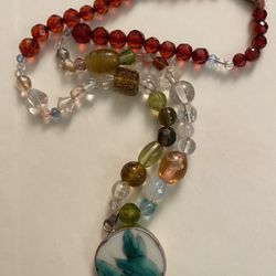Vintage Glass Beaded Necklace W/ Sea Washed Porcelain Pendant