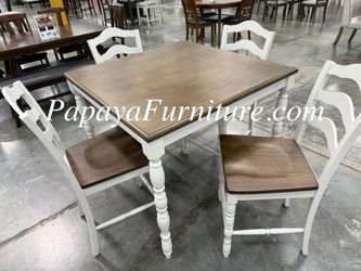 5 Piece Walnut White Cottage Country Dining Table and Chair Set Counter Height Furniture SALE Discount Small Living Room Space Saving Apartment Size