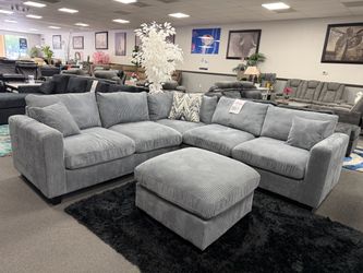 Gray Corduroy Sectional Sofa with Ottoman