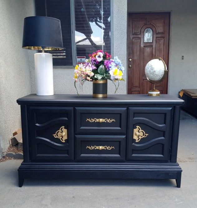 2 Drawer 2 Door Solid Wood Sideboard (Buffet)- Black With Gold