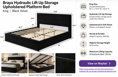 King Size Black Velvet Hydraulic Lift Storage Bed Frame in Box