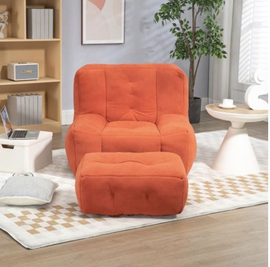 Fluffy Bean Bag Chair, Lounge Chair, Super Soft Lazy Sofa Chair, with Memory Foam and Footstool for Living Room, Bedroom, Apartment, Orange