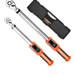  Digital Torque Wrench Set, 2 Pieces, 1/2, 3/8 Inch Drive, 72-Tooth, ±2% High Accuracy Electronic Torque Wrench - Orange