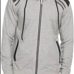 coofandy mens active patchwork hooded sweatshirt zipper warm jacket  Size:XXL  Color: Grey and Faux Leather — Pick up location Ontario  Cash only 