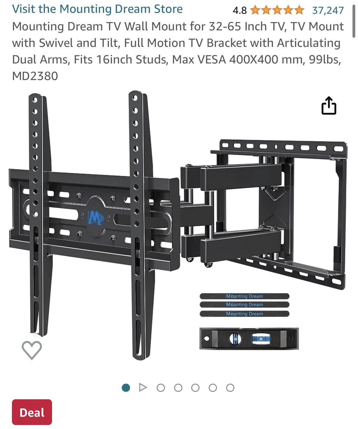 Mounting Dream TV Wall Mount for 32-65 Inch TV, TV Mount with Swivel and Tilt, Full Motion TV Bracket with Articulating Dual Arms, Fits 16inch Studs,